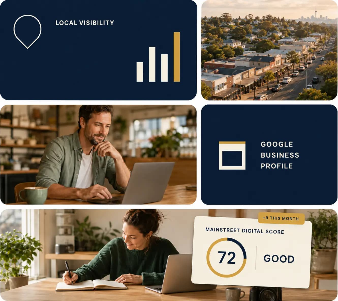 Mainstreet Digital visibility dashboard showing local businesses and a digital score