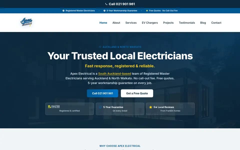 Apex Electrical NZ website homepage