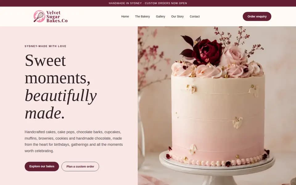 Velvet Sugar Bakes website homepage